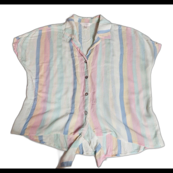LC Lauren Conrad Tops - LC Lauren Conrad Women's Multicolor Striped Short Sleeve Button Up Shirt Sz M